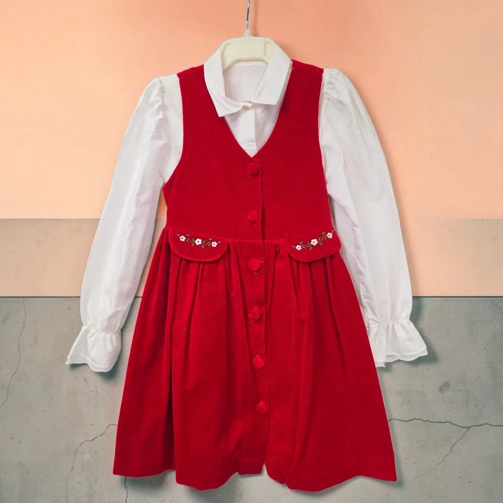 Vintage Girls Red Corduroy Jumper Dress and White Blouse Set Size 6X Holiday